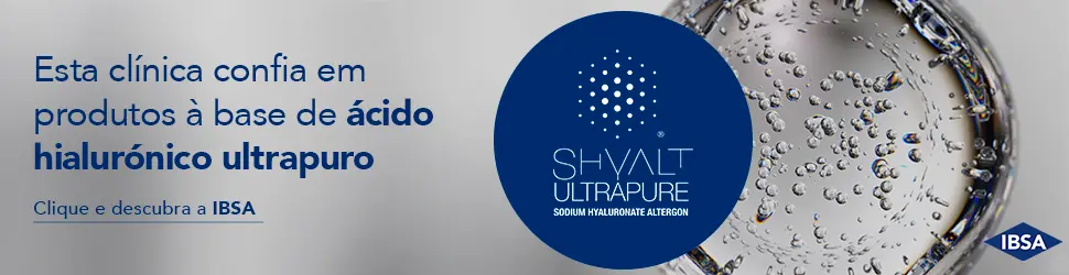 Banner em português promovendo ácido hialurónico ultrapuro: 'Esta clínica confia em produtos à base de ácido hialurónico ultrapur o' com logótipo azul circular e branding IBSA da direita/centro da imagem.