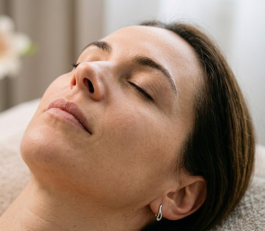Mulher de olhos fechados, com o rosto relaxado, deitada numa marquesa