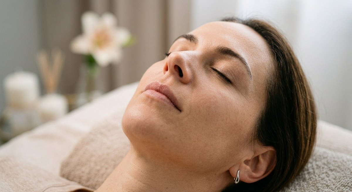 Mulher de olhos fechados, com o rosto relaxado, deitada numa marquesa